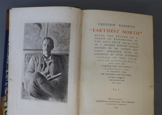 Nansen, Fridtjof - Farthest North, 1st edition, 2 vols, 8vo, halfcalf, 16 chromolithograph plates and 4 folding colour maps, Archibald